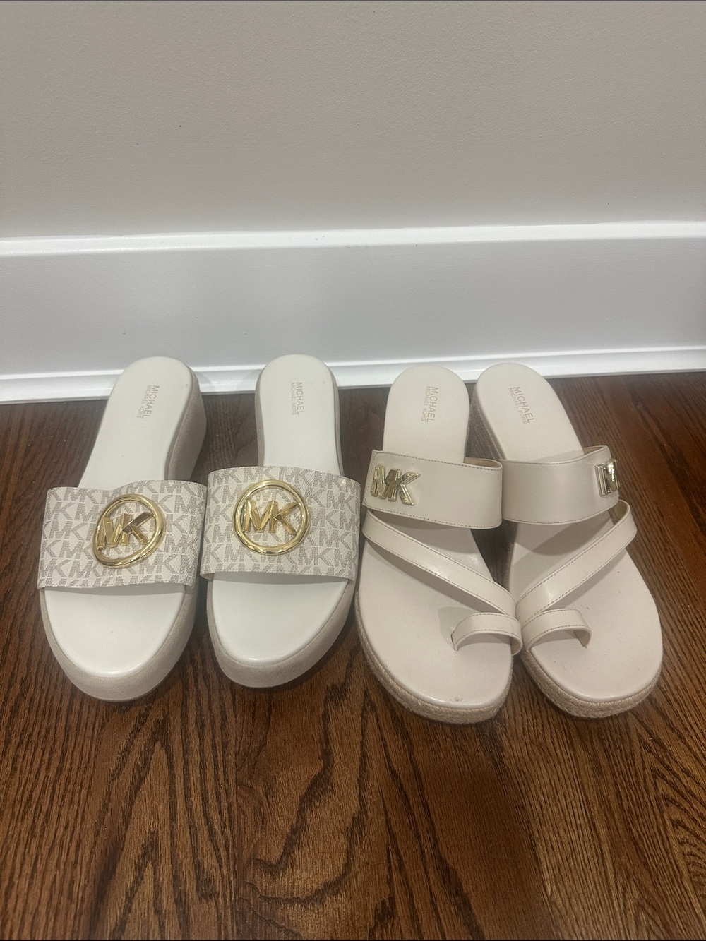 Michael Kors Neutral Logo Slide and Strappy Wedge Sandals in Cream
